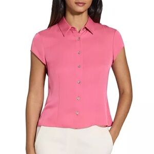 Theory Pink Cap-Sleeve Button-Front Blouse